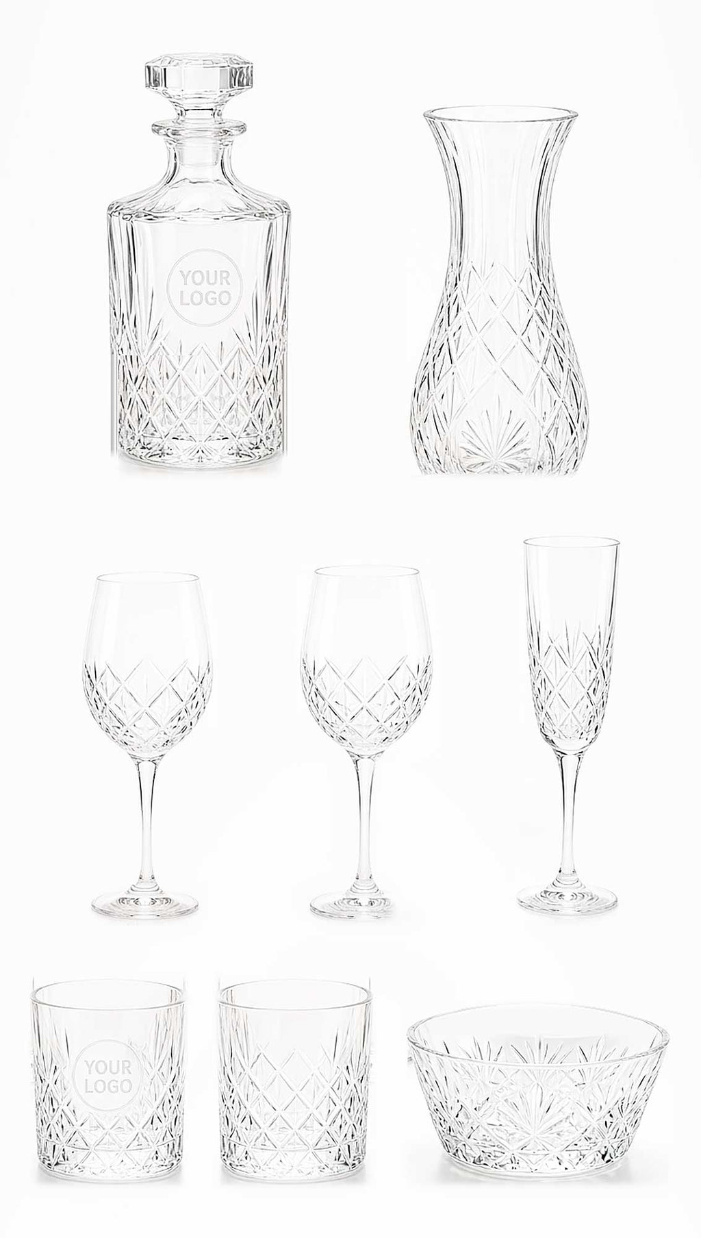 Assorted crystal glassware with sample engraving