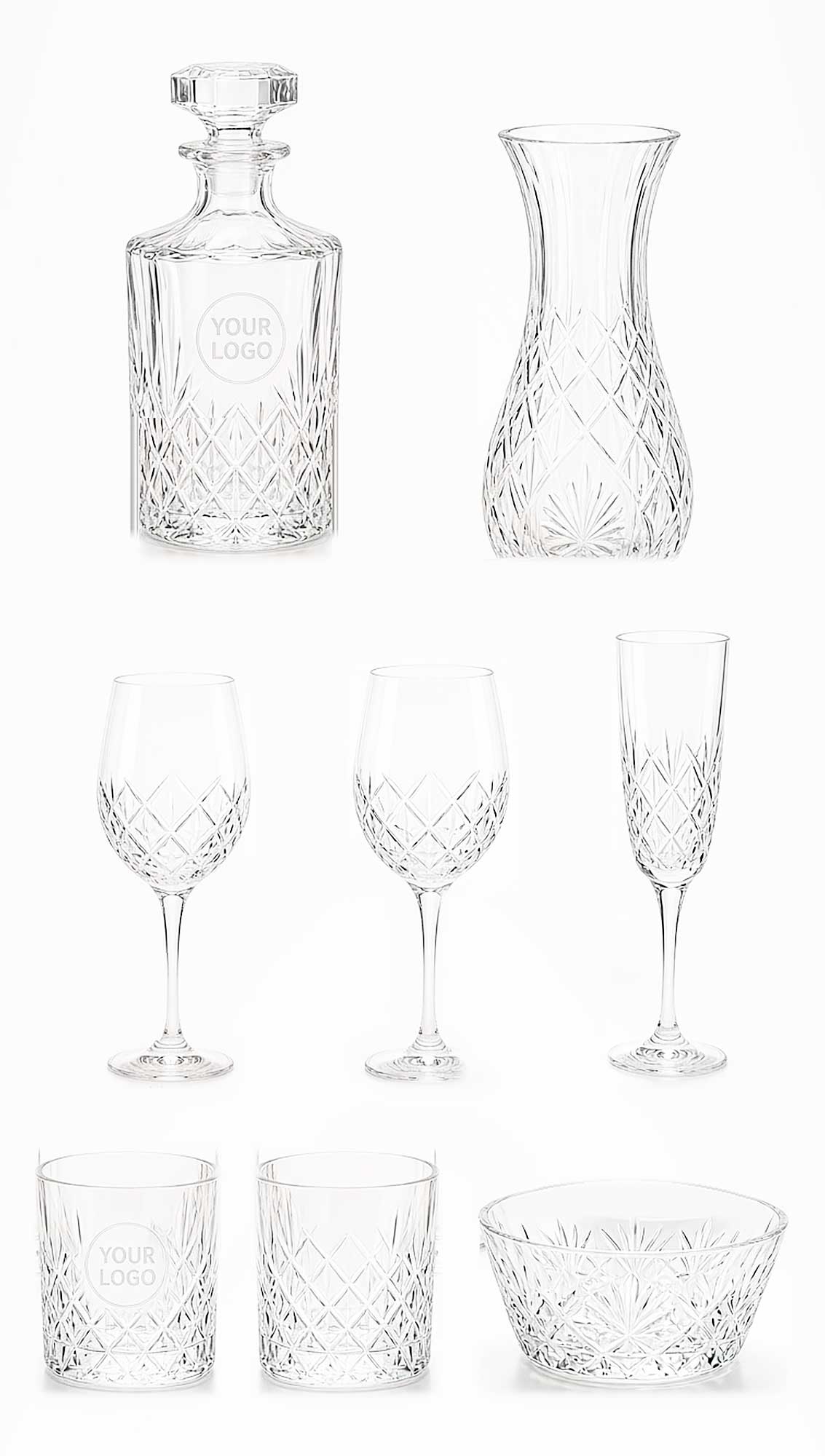 Assorted crystal glassware with sample engraving