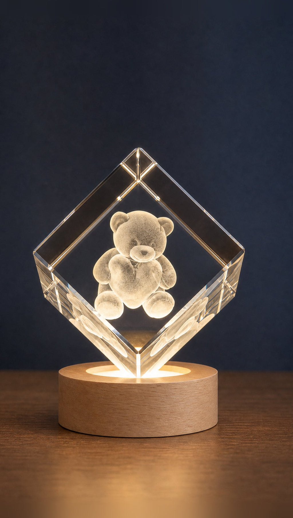 Chamfered crystal diamond with a 3D-engraved design, standing on its LED base