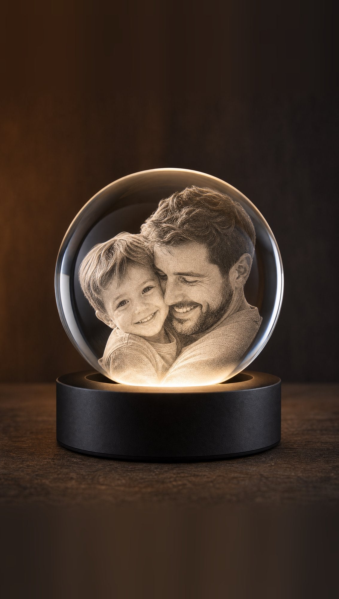 8 cm K9 crystal ball with a 3D-engraved photo, lit on its LED base