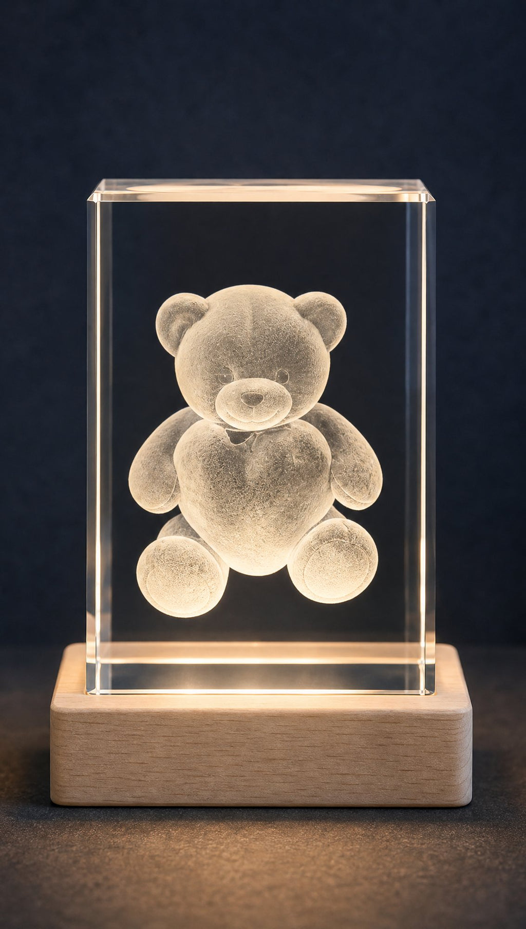 K9 crystal photo block with a 3D-engraved design, lit on a wooden LED base