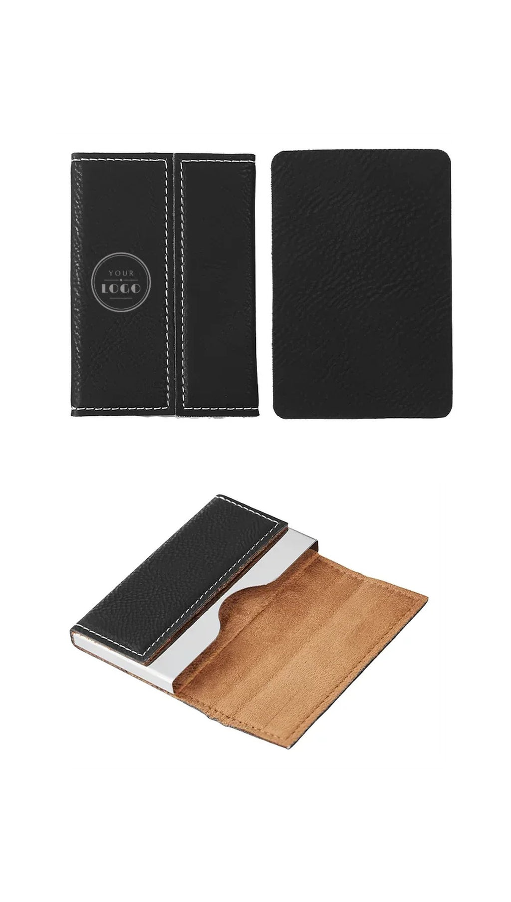 Faux leather business card holder, closed front with sample YOUR LOGO laser engraving, back and open views