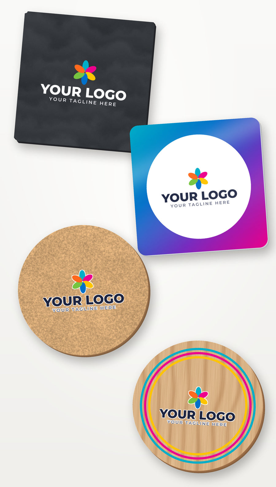 Full-colour printed slate, cork, acrylic and birch coasters