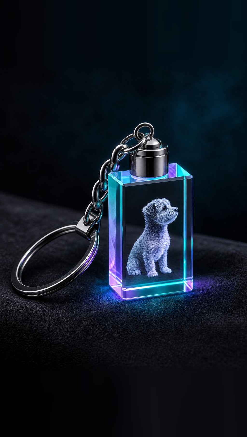 Crystal photo keyring glowing with its built-in multicolour LED