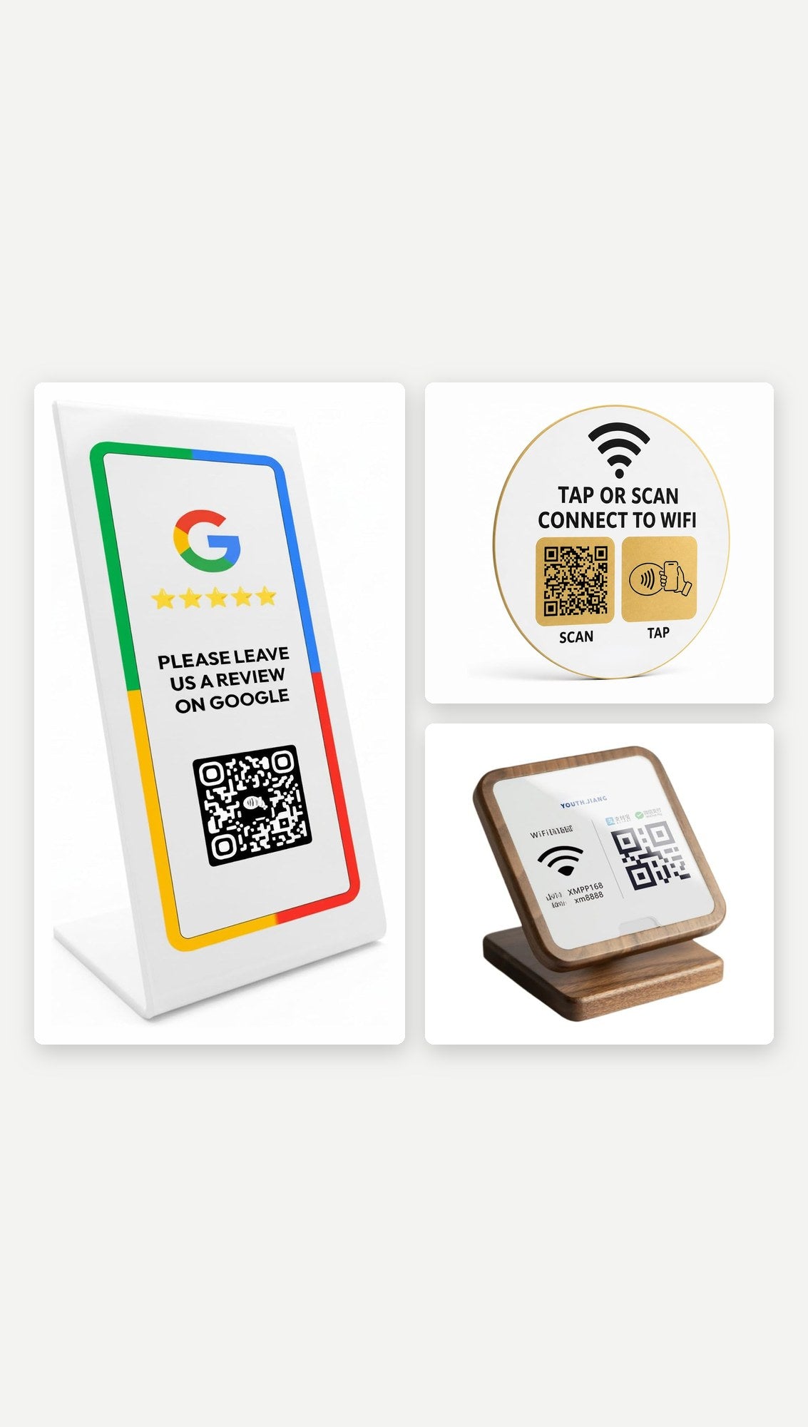 Three sample QR and NFC sign designs: Google review counter stand, round Tap or Scan Wi-Fi disc and wooden Wi-Fi QR stand