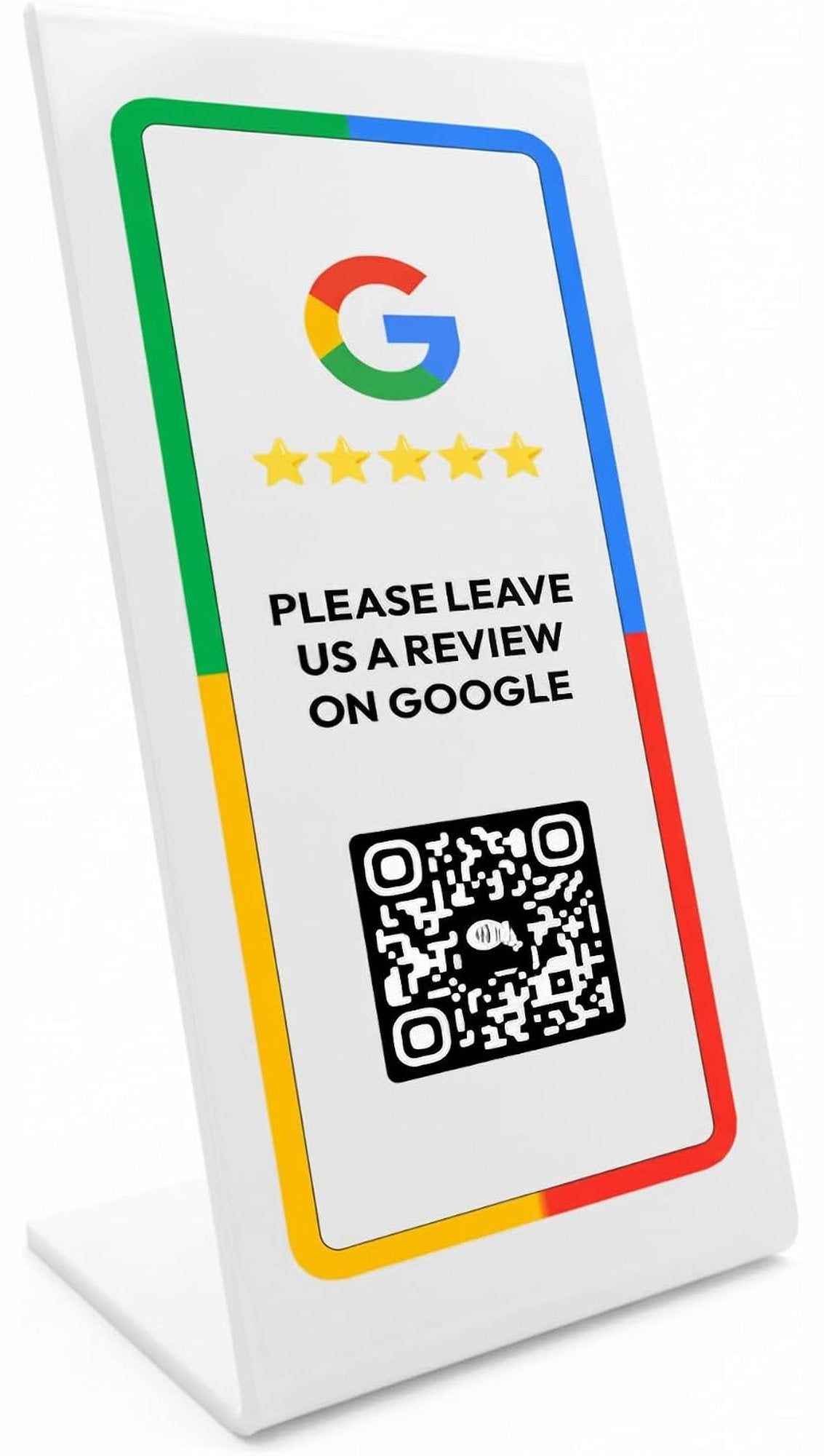 Sample design: white acrylic counter stand asking customers to leave a Google review, with five stars and a QR code