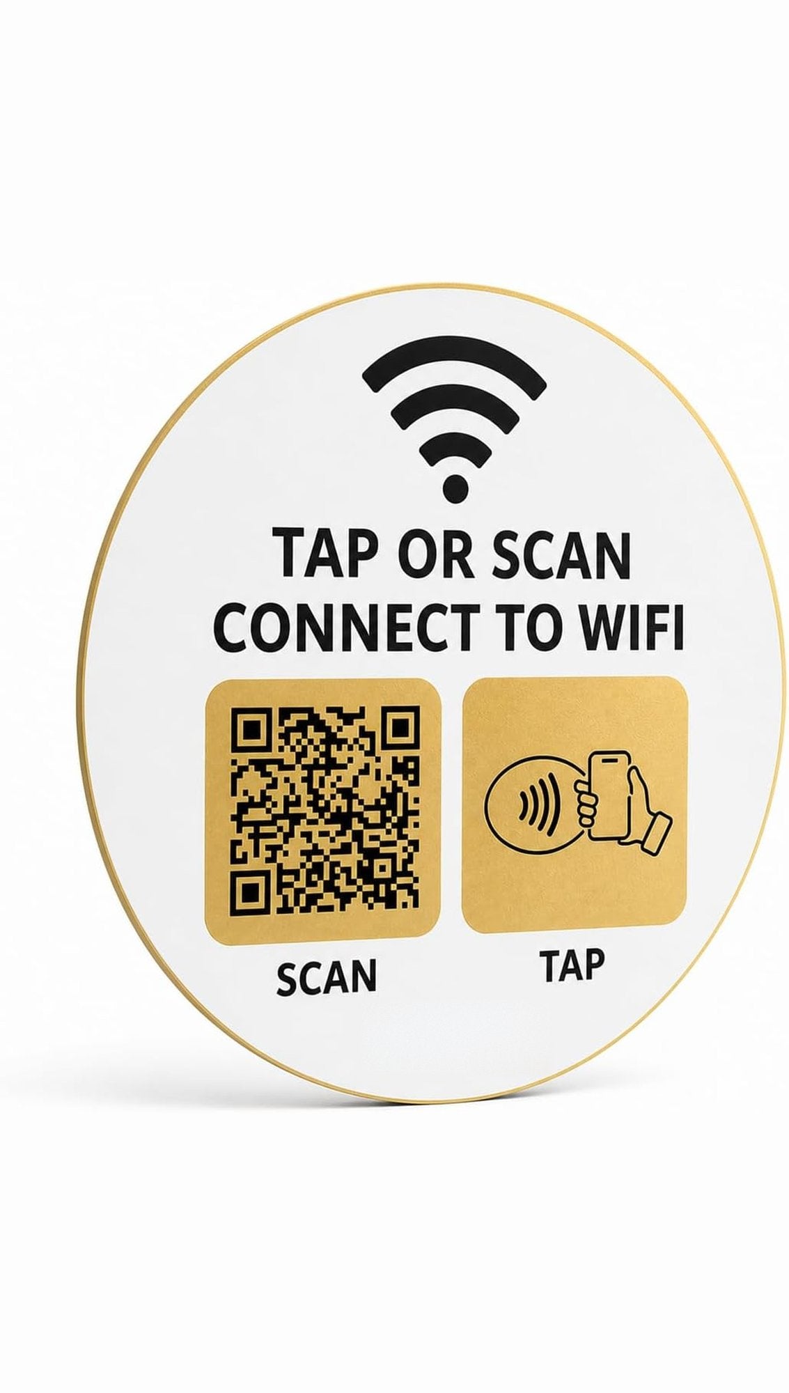 Sample design: round white Tap or Scan Wi-Fi sign with gold QR code and NFC tap panels