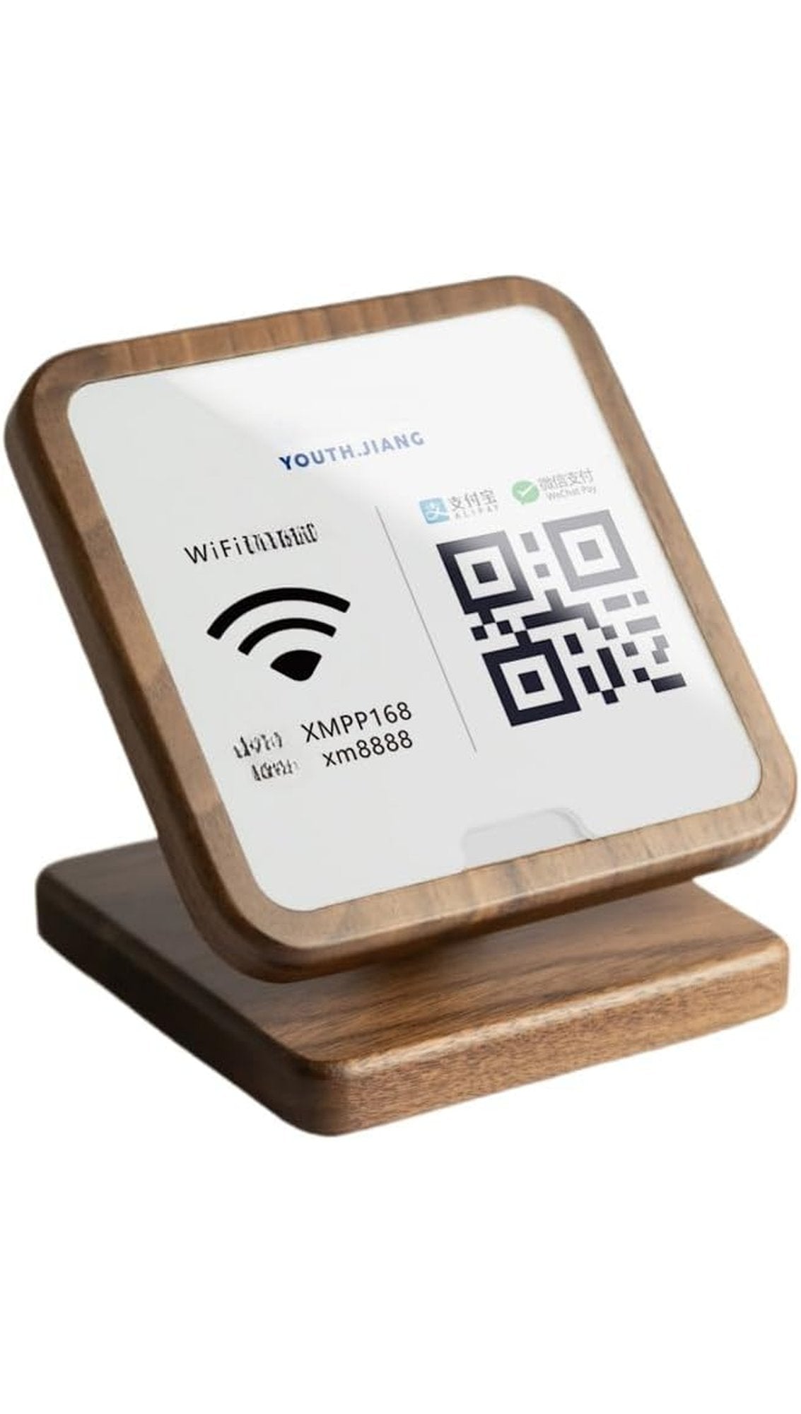 Sample design: walnut-framed wooden stand with Wi-Fi details and a QR code